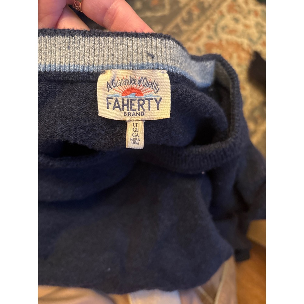 Faherty Brand Mens Organic Cotton Navy Blue Knit Crewneck Sweater Size LT Tall